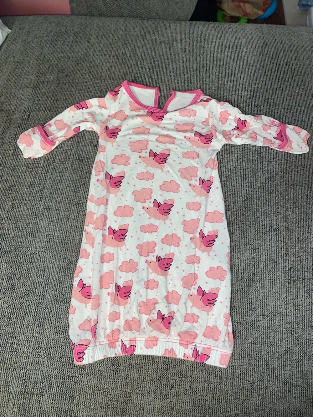 KicKee Pants Natural Flying Pigs Infant Sleep Gown Bamboo Pink NB GUC
